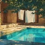 حیاط سنتی ایرانی با حوض آبی و لباس‌های سفید آویخته بر شاخه درخت، در آفتاب عصرگاهی؛ تصویری نوستالژیک برای مجله خاطرات
