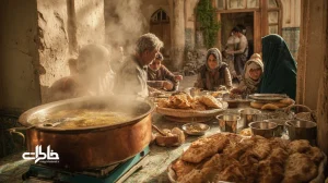 تصویر میدانی آبگوشت در حیاط ایرانی با دیگ مسی قل‌زن، بخار رو به پنجره، نان سنگک و تافتون و جمع خانوادگی دور سفره در فضای محله.مجله خاطرات