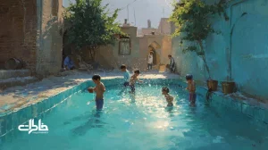 تصویر آیینی آب‌پاشان در تابستان ایران با حیاط سنتی، حوض فیروزه‌ای و خنده‌های کودکان؛ بازنمایی نوستالژی و سنت‌های خنکای عصر تابستان.