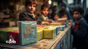 تصویر نوستالژیک دکه دهه‌۷۰ ایران با صف دانش‌آموزان برای خرید آدامس خرسی؛ بسته‌بندی رنگی و حال‌وهوای محله‌ای.مجله خاطرات