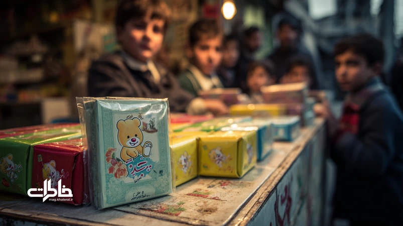 تصویر نوستالژیک دکه دهه‌۷۰ ایران با صف دانش‌آموزان برای خرید آدامس خرسی؛ بسته‌بندی رنگی و حال‌وهوای محله‌ای.مجله خاطرات