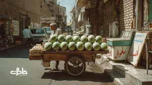دست‌فروش خربزه در ظهر تابستان تهران با ندای کشیده «آهای خربزه بیا»؛ بازنمایی نغمه‌ها و لهجه‌ها و حافظه شنیداری شهر در کوچه‌های محلی.مجله خاطرات