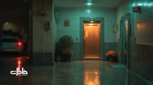 غروب در راهروی یک مجتمع مسکونی ایرانی با آسانسور، زنگ درها و بالکن‌های پرگلدان؛ روایتی بصری از فرهنگ آپارتمان‌نشینی و حافظه‌ی شهری. مجله خاطرات