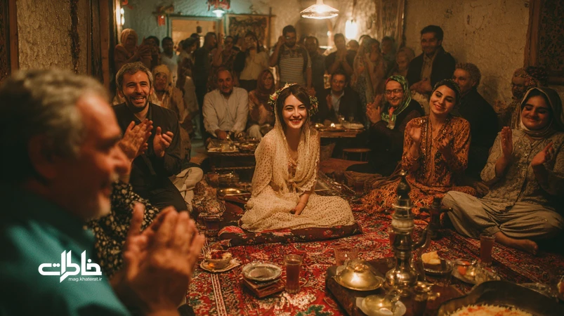 تصویر نوستالژیک عروسیهای دهه شصت در خانه ایرانی با قالی دستباف، سماور و چای، لباس عروس ساده، نور زرد و نقلونبات، مهمانهای خودمانی