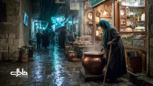 آش دوغ اردبیل زیر باران در کوچه‌ای خیس؛ بخار کاسه‌ها، دیگ مسی و پیرزن آش‌پز با چوب‌دستی، صف مشتری‌ها و فضای نوستالژیک شهری.مجله خاطرات