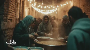بخار آش نذری در کوچه‌ای ایرانی با دیگ مسی، همسایه‌ها در حال همیاری و توزیع؛ روایتی نوستالژیک از همسایگی و خاطرات محله.مجله خاطرات