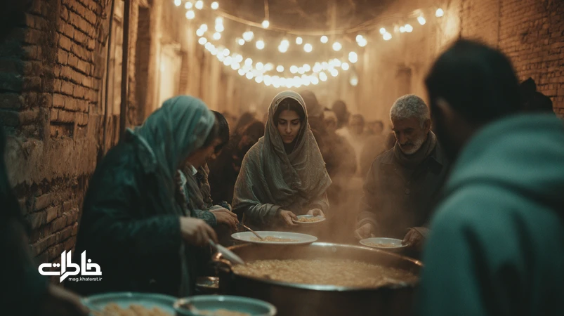 بخار آش نذری در کوچه‌ای ایرانی با دیگ مسی، همسایه‌ها در حال همیاری و توزیع؛ روایتی نوستالژیک از همسایگی و خاطرات محله.مجله خاطرات
