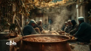 دیگ مسی آش نذری در حیاط ایرانی با بخار صبحگاهی و دورهمی همسایه‌ها؛ نماد بخشش و جمع‌بودن در خاطرات، ادبیات و سینمای ایران.مجله خاطرات