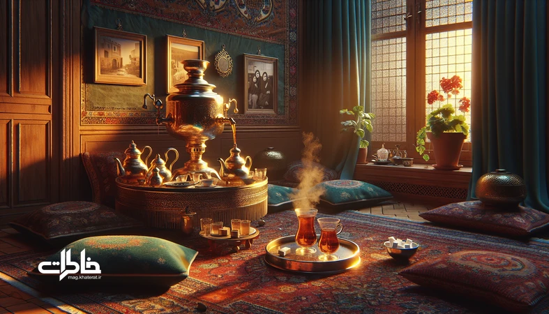 تصویر آشتی خانگی در خانهٔ ایرانی با سماور، استکان چای و قندان؛ نماد گفت‌وگو، بخشش و نوستالژی در پناه یک خانهٔ آرام.