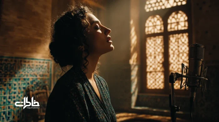 خوانندهٔ آواز اصیل ایرانی در فضایی مینیمال و نوستالژیک با میکروفون قدیمی؛ تاکید بر تکنیک، طنین و تجربهٔ شنیدن برای نسل پادکست