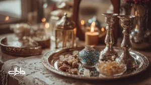 تصویر آینه و شمعدان در سفره عقد ایرانی با بازتاب لبخند عروس و داماد؛ نماد بازتاب عشق، نور و همدلی در آیین ازدواج ایرانی.