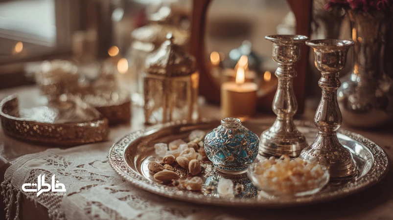 تصویر آینه و شمعدان در سفره عقد ایرانی با بازتاب لبخند عروس و داماد؛ نماد بازتاب عشق، نور و همدلی در آیین ازدواج ایرانی.