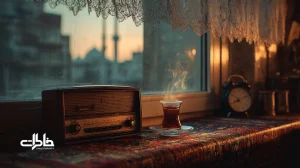 رادیوی ترانزیستوری قدیمی کنار پنجره در غروب، با نمایی از مناره مسجد و بخار چای؛ تداعی‌گر پیوند اذان و رادیو و زمان‌بندی خانه‌های ایرانی.مجله خاطرات