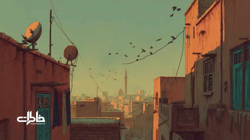 نمای نوستالژیک از صدای اذان از پشتبامها در شهرهای قدیم با کبوترها و کوچههای کاهگلی؛ نوای مشترک و خاطرات جمعی ایرانی.