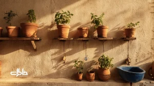 باغچه دیواری در تراس آپارتمان ایرانی با گلدان‌های نعناع و شمعدانی، حس خاطرات حیاط و صمیمیت خانه