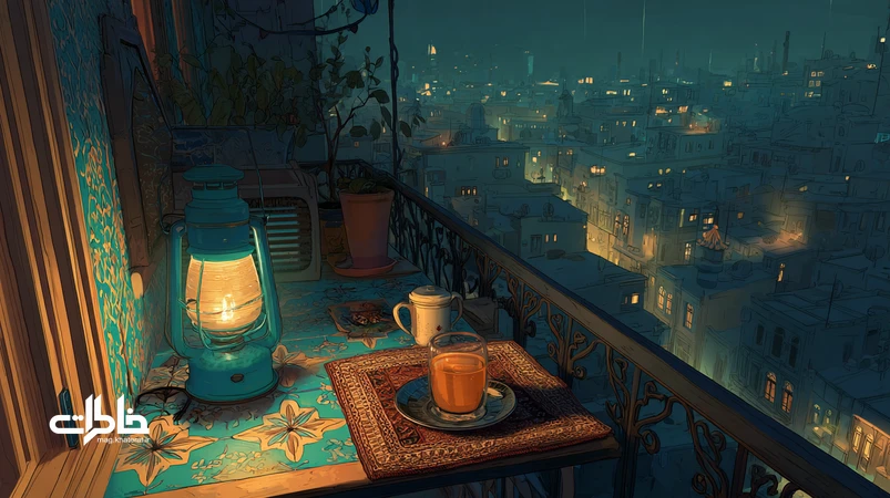 بالکن ایرانی با سماور و گوشی در حال ضبط وویس واتساپ؛ نمادی از سیاست روزمره در خانه و گفت‌وگوی محترمانه