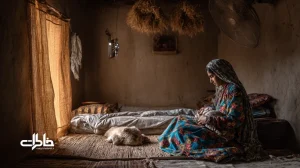 اتاق ساده بلوچ با حصیر، پنکه سقفی و مادر در لباس بلوچی در حال خواندن لالایی؛ نغمه‌های محلی جنوب و حافظه شنیداری کودک.مجله خاطرات