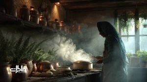 برنج دودی شمال در لحظه‌ی باز شدن درِ پلوپز؛ بخار دودی که خانه‌ی شمالی را به جنگل مه‌آلود شبیه می‌کند، کنار قابلمه مسی و مادر شمالی.مجله خاطرات