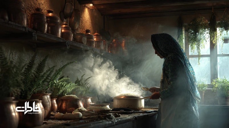 برنج دودی شمال در لحظه‌ی باز شدن درِ پلوپز؛ بخار دودی که خانه‌ی شمالی را به جنگل مه‌آلود شبیه می‌کند، کنار قابلمه مسی و مادر شمالی.مجله خاطرات