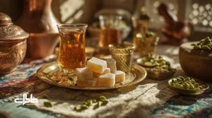 تصویر نوستالژیک آب‌نبات هل‌دار بجنورد کنار استکان چای ایرانی و هاون هل، یادآور خاطرات کودکی و سوغات خراسان شمالی