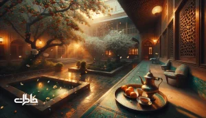 حیاط شیرازی با درختان بهار نارنج شکوفه‌دار، پنجره‌های ارسی و نور عصرگاهی؛ پیوند بوی بهار نارنج با موسیقی و فرهنگ جنوب ایران.