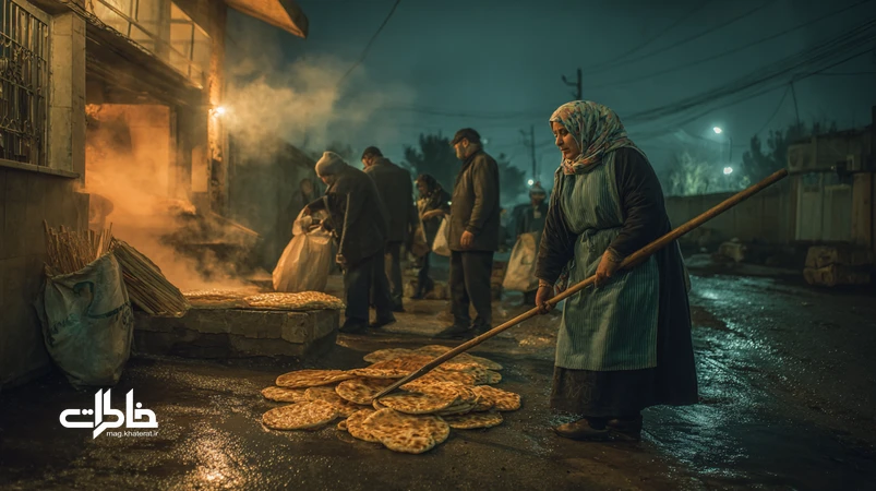 نمای سحرگاهی از نانوایی محلی ایران با بوی نان تنوری خیابان؛ زن نانوا با کفگیر چوبی، صف همسایه‌ها و بخار داغ نان تازه داغ.مجله خاطرات