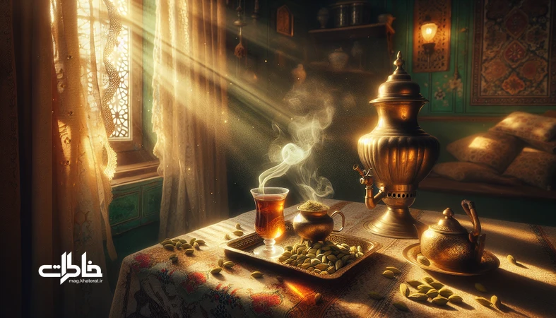 استکان چای هل با بخار معطر روی سینی برنجی در خانه ایرانی؛ نماد بوی هل، نوستالژی و آرامش خانه