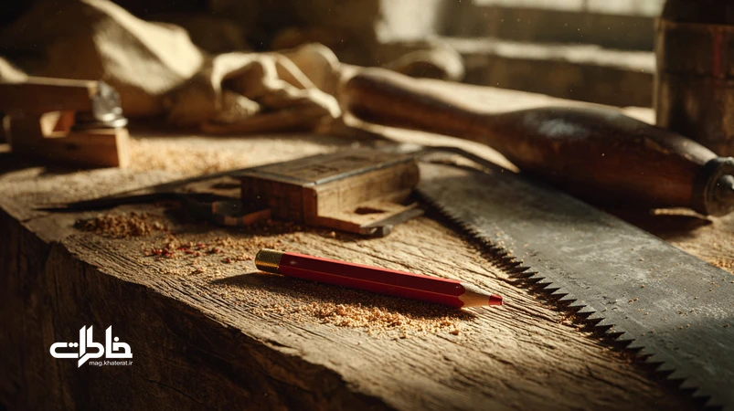 نمای نزدیک از کارگاه چوب ایرانی با مداد نجاری روی الوار خام، ابزار دستی و نور غبارآلود؛ بازنمایی بوی چوب و هویت کارگاهی نوستالژیک