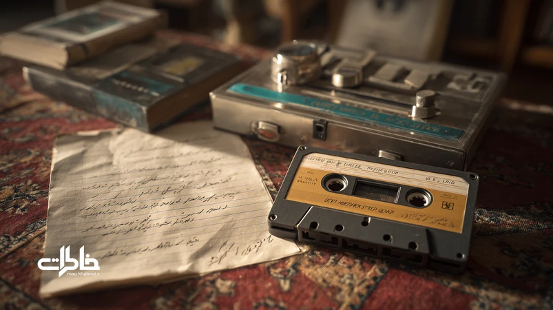تصویر نوستالژیک از نوار کاست قدیمی کنار ضبطصوت در اتاق پذیرایی ایرانی با نور غروب؛ تداعی بوی نوار کاست و خاطرات خانه.