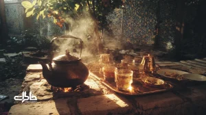 چای آتیشی در حیاط با کتری سیاه و بوی دود؛ دورهمی خانوادگی ساده و نوستالژیک با استکان‌های شفاف و حال‌وهوای گرم ایرانی.
