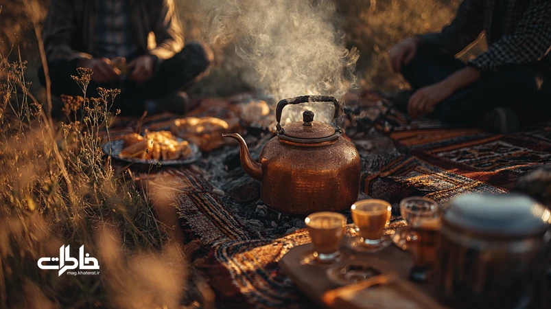 چای آتیشی در سفرهای آخر هفته؛ جوانها دور آتش کوچک کنار طبیعت با کتری مسی، لیوانهای چای و حس نوستالژی و خاطرات جمعی