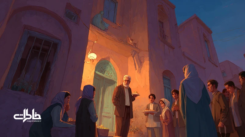 چاووش‌خوانی بدرقه زائر در کوچه ایرانی هنگام غروب؛ جمع هم‌محله، دعا و آواز بدرقه با سفره نان و پنیر و حس نوستالژی