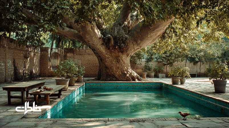 درخت چنار در حیاط ایرانی با حوض فیروزه‌ای و سایهٔ عصرگاهی؛ نماد پایداری و خاطرات جمعی در خانه و محله