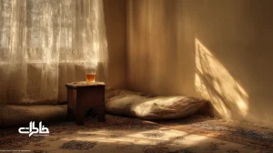 نور عصرهای کودکی روی دیوار اتاق با پردهٔ توری، گرد و غبار معلق و قالیچهٔ ایرانی؛ تصویری نوستالژیک برای خاطره‌درمانی و برانگیختن حس تعلق