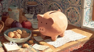 تصویر قلک سفالی روی طاقچه با نور عصرگاهی و دستان کودک که سکه می‌اندازد؛ نمادی از خاطرات، صبر و پس‌انداز در خانه‌های ایرانی