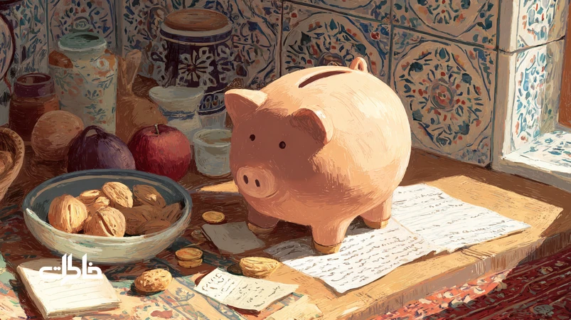 تصویر قلک سفالی روی طاقچه با نور عصرگاهی و دستان کودک که سکه میاندازد؛ نمادی از خاطرات، صبر و پسانداز در خانههای ایرانی