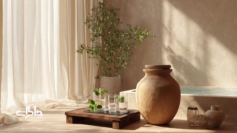 کوزه آب سفالی در گوشه خانه مدرن و کافه نوستالژیک؛ بازگشت طعم خنکی طبیعی با چیدمان ساده و آرامبخش
