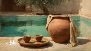 کوزه آب سفالی در حیاط ایرانی کنار حوض؛ نماد خنکی تابستان، آرامش و آیین‌های خانگی در خاطرات
