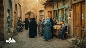 صحنه‌ای نوستالژیک از محله‌های قدیمی ایران با چادر مشکی، روپوش سرمه‌ای مدرسه، لباس کار آبی نفتی و پیراهن‌های گل‌دار؛ بازتاب رنگ لباس‌ها و ریتم زندگی