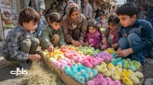 جوجه‌های رنگی عید نوروز در بساط دست‌فروش کنار مدرسه و میدان، با کارتن مقوایی و کاه‌وکلش؛ کودکان کنجکاو و نوستالژی کودکی در ایران.مجله خاطرات