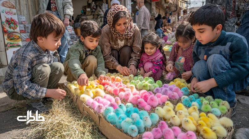جوجه‌های رنگی عید نوروز در بساط دست‌فروش کنار مدرسه و میدان، با کارتن مقوایی و کاه‌وکلش؛ کودکان کنجکاو و نوستالژی کودکی در ایران.مجله خاطرات