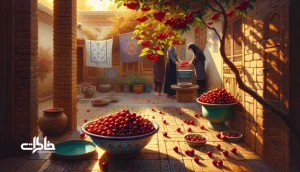 حیاط ایرانی با درخت گیلاس و کاسه‌های میوه؛ همسایه‌ها در حال تقسیم گیلاس، نوستالژی تابستان و سفره‌گشایی در قاب قدیمی. مجله خاطرات