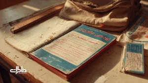 دفتر ۴۰ برگ بیست روی میز کلاس با جلد براق، خط‌های آبی و قرمز، برچسب اسم و ابزار نوشتن؛ نماد نوستالژی مدرسه در دهه‌های ۶۰ و ۷۰