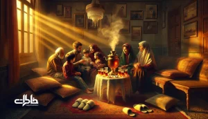 تصویر یک دورهمی ایرانی با چای و سماور، نگاه‌های صمیمی و تماس انسانی که آداب دید و بازدید و ساختن خاطرات ماندگار را نشان می‌دهد.