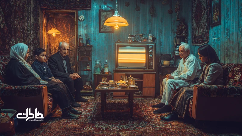 نشیمن ایرانی با تلویزیون آنتن‌دار و نمایشگر استریم؛ خانواده دورهم با چای و تنقلات؛ نماد آنتن دیجیتال، سریال‌های اینترنتی و تماشای جمعی خاطره‌ساز.