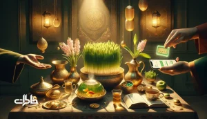 تصویر عیدی دیجیتال و کارت هدیه کنار سفره هفت‌سین؛ پیوند نسل‌ها از اسکناس نو تا کیف‌پول موبایلی با حال‌وهوای نوستالژیک ایرانی.