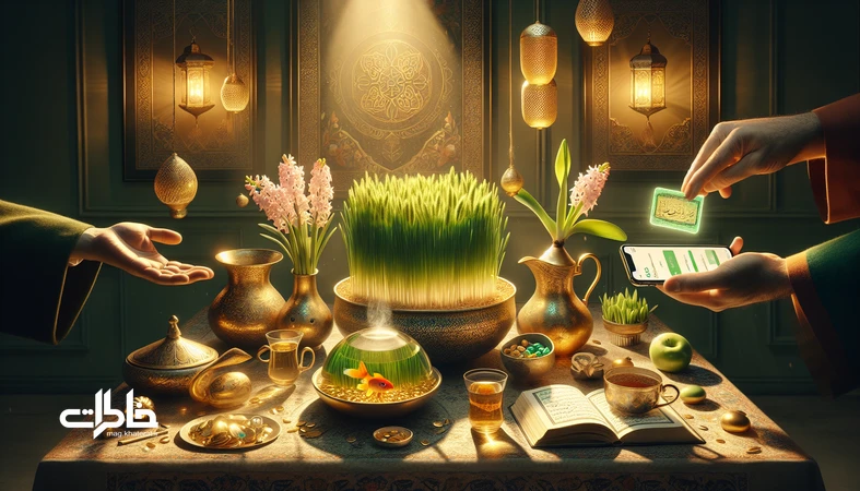 تصویر عیدی دیجیتال و کارت هدیه کنار سفره هفت‌سین؛ پیوند نسل‌ها از اسکناس نو تا کیف‌پول موبایلی با حال‌وهوای نوستالژیک ایرانی.