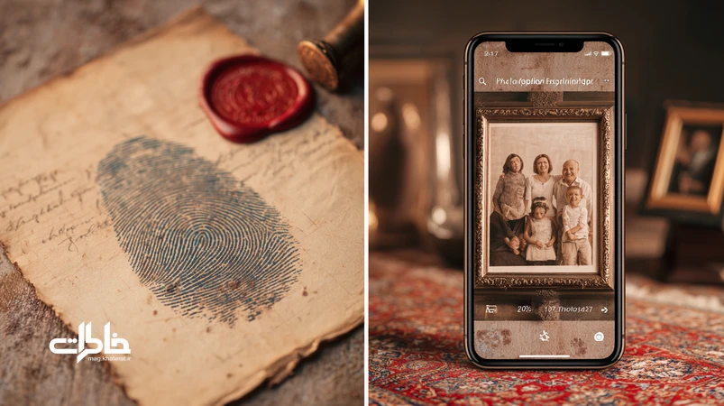 ترکیب مهر و اثر انگشت سنتی با سلفی روی گوشی؛ نماد جابهجایی هویت و اعتماد در عصر عکس دیجیتال و ساختن خاطرات خانوادگی. مجله خاطرات
