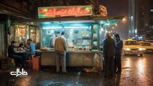صحنهٔ شبانهٔ ساندویچ کثیف کنار خیابان در تهران با صف مشتری‌ها، نور نئون، بخار روغن داغ و خوردن روی جدول؛ آیین شهری و خاطره‌انگیز.