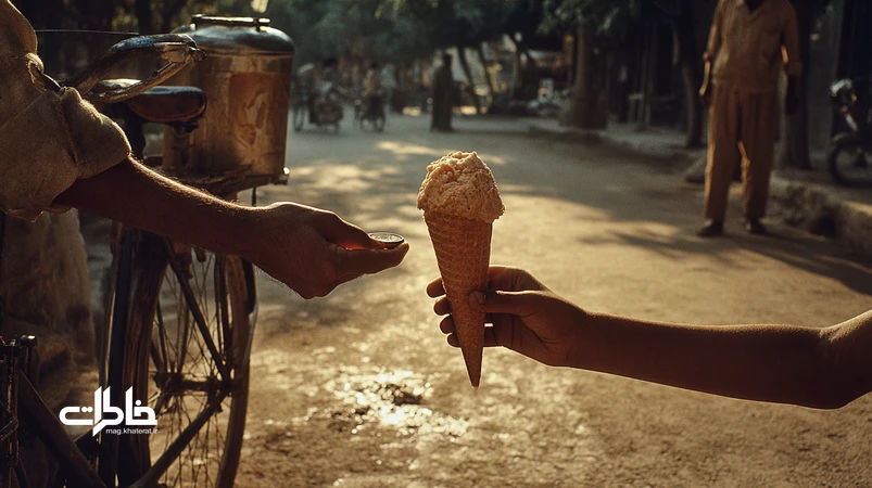تصویر نوستالژیک بستنی قیفی دومینو در ظهر تابستان ایران؛ کودک با سکه، چکه‌های بستنی روی آسفالت داغ و دستفروش بستنی با دوچرخه